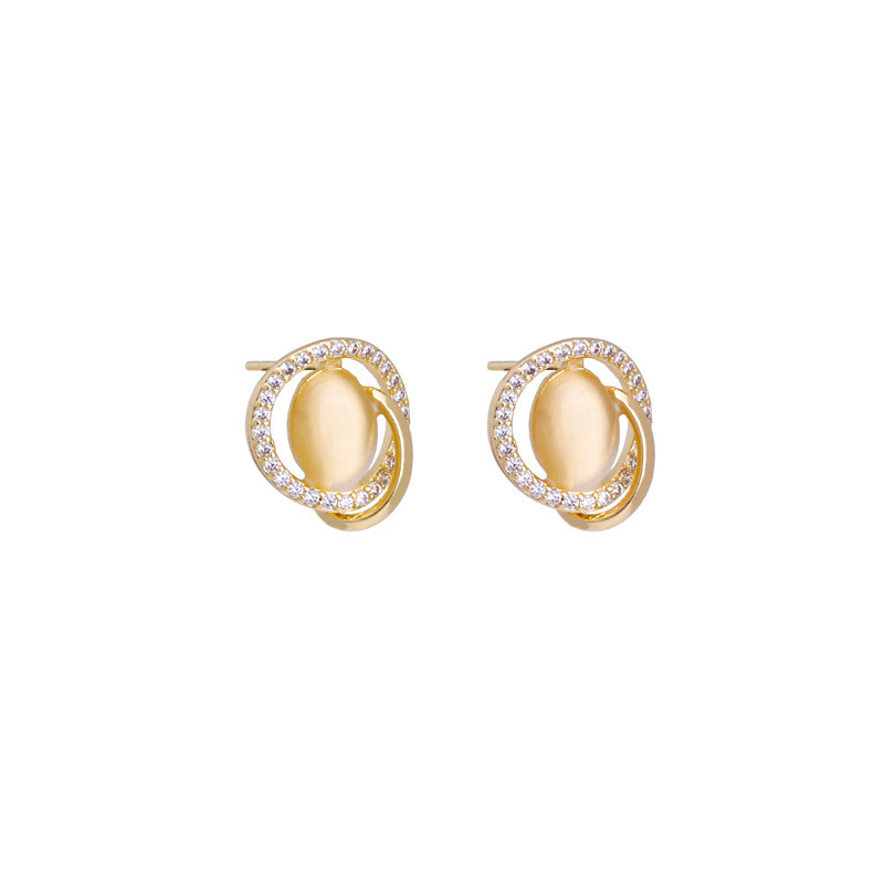 S925 Silver Needle Hong Kong-style oval cat's eye stone Stud earrings for women, spring light luxury and niche design accessory, elegant and stylish earrings Item Picture