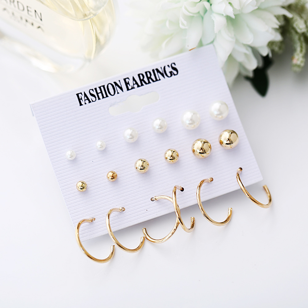 Wholesale of new cross-border earrings from Europe and America. Creative and simple imitation pearl open circle stud set, 9 pairs Specification drawing