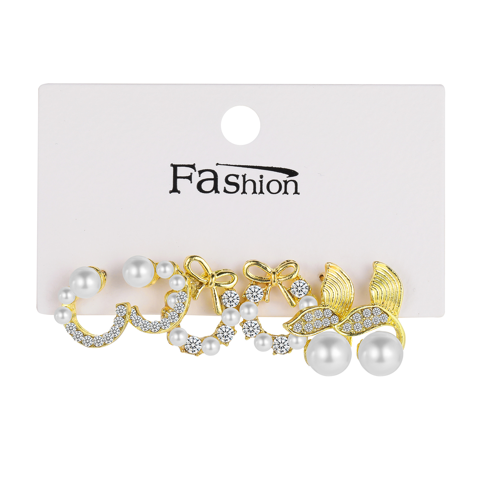 A 3-piece set of fashionable and elegant cross-border Instagram bow fishtail imitation pearl moon stud earrings with rhinestones Item Picture