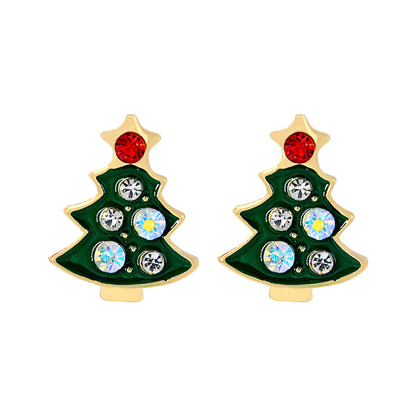 S925 Silver needle green oiling Christmas Stud earrings set with colorful diamonds, my Christmas tree earrings, cross-border Christmas earrings Item Picture