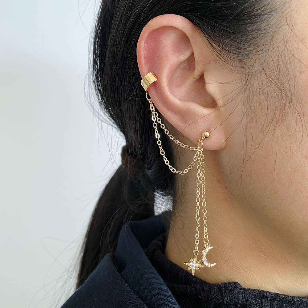 New cross-border ear bone clips from Europe and America, creative and personalized full-diamond five-pointed star moon pendant earrings for women full figure