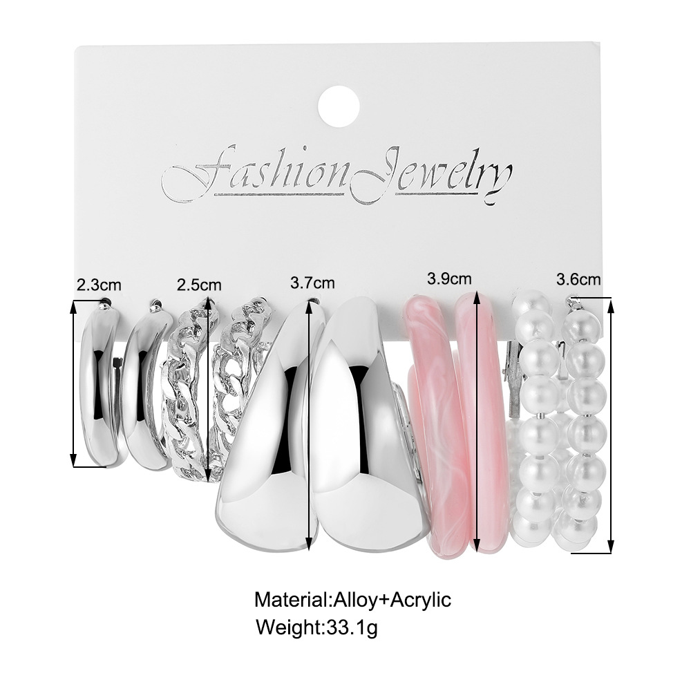 A new cross-border minimalist insC chain imitation pearl resin earrings 5-piece set of European and American fashionable earrings details Picture