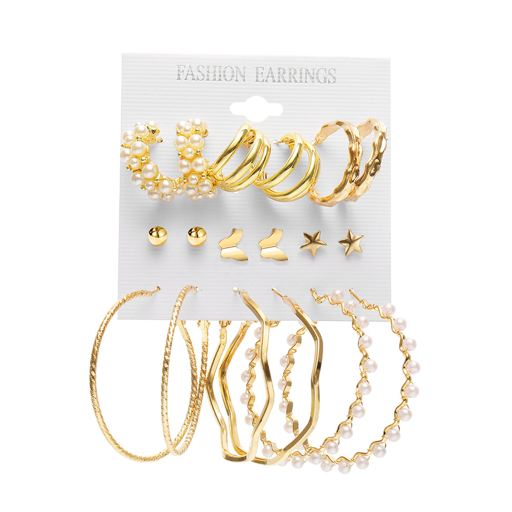 A new set of 9-piece retro women's earrings with imitation pearls, featuring cross-border geometric butterfly ear rings from Europe and America for women Item Picture