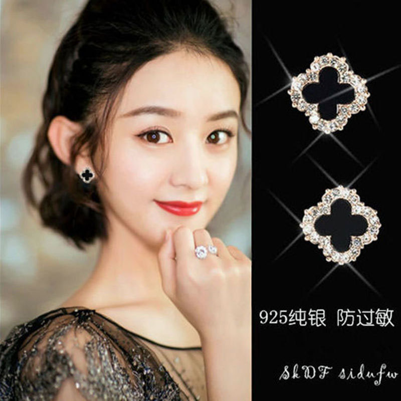 S925 Silver needle four-leaf clover stud earrings, simple and elegant, slightly inlaid zircon trendy earrings, classic, shiny and small earrings for women details Picture