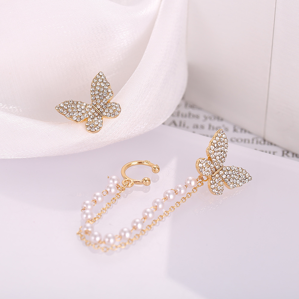 New cross-border full-diamond butterfly stud earrings, creative and simple imitation pearl chain ear clips, fashionable dot diamond earrings 2-piece set details Picture