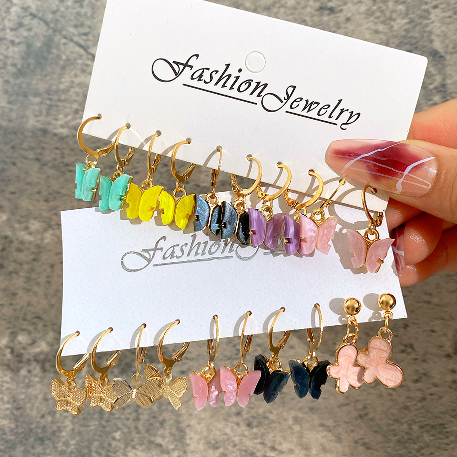 Wholesale of 5-piece new oil-dripping colored butterfly earrings set for foreign trade, European and American creative retro butterfly earrings details Picture