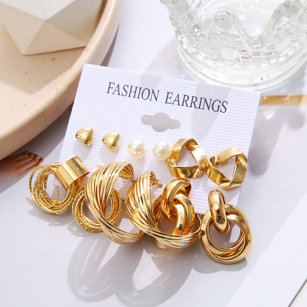 Youdaoplaceholder0 cross-border ins Earrings geometric retro twist heart imitation pearl circle earrings set of 6 pieces Item Picture