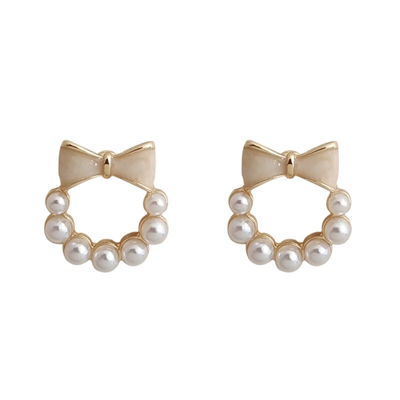 S925 Silver Needle, girlish mini bow pearl stud earrings, small geometric, sweet and cute style earrings Item Picture