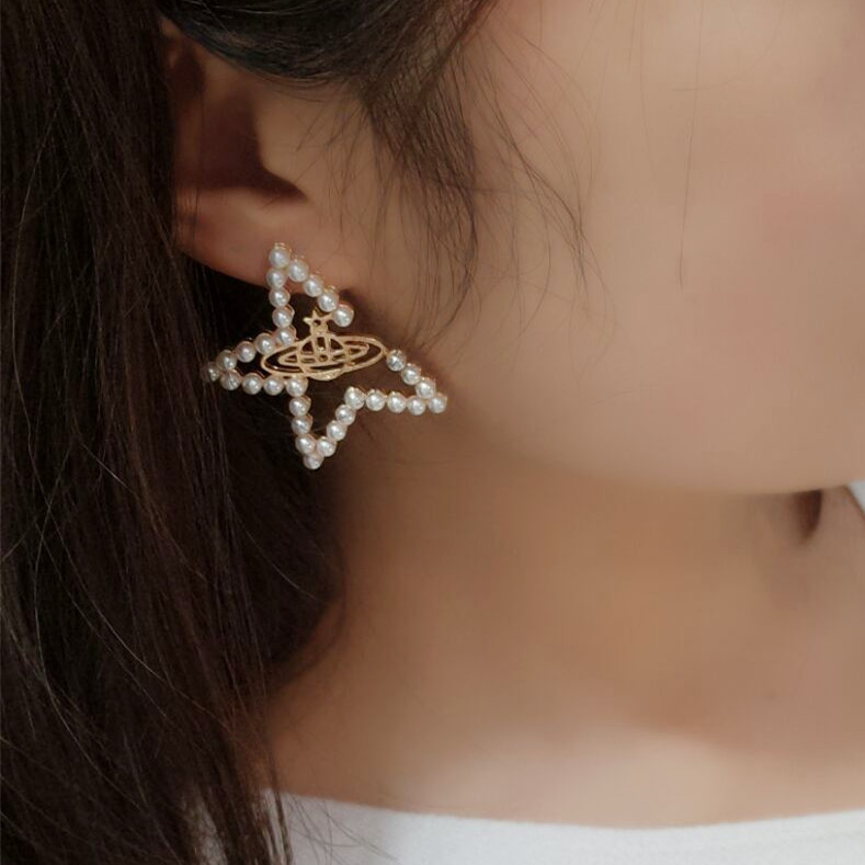 Korean S925 sterling silver needle exaggerated star stud earrings, elegant pearl five-pointed star earrings, versatile and super fairy earrings details Picture