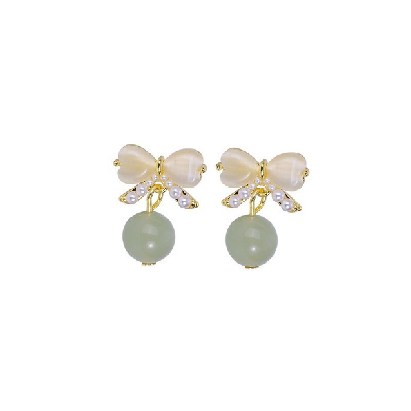 Cat's eye stone ear studs, pearl bow earrings, imitation Hetian jade earrings, niche design, light luxury and high-end sense of earrings for women Item Picture