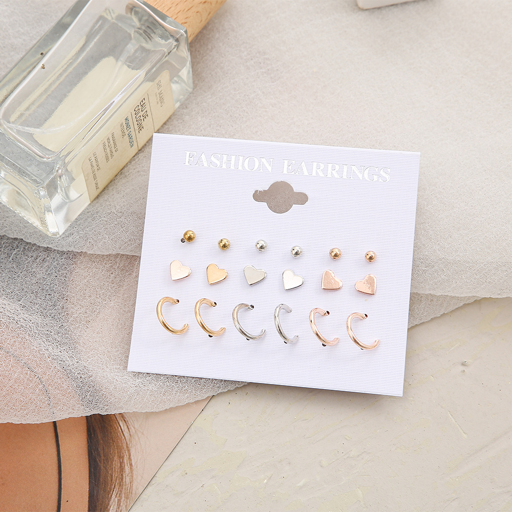 New European and American foreign trade earrings, creative heart-shaped stud earrings, women's ins style earrings, stud earrings, simple ear ring set 9-piece set Specification drawing