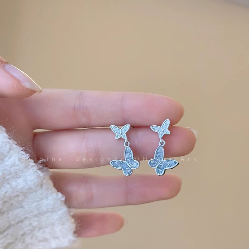 Crystal blue butterfly earrings S952, silver needle, niche design, fresh and elegant, tassel butterfly earrings make the face slimmer details Picture