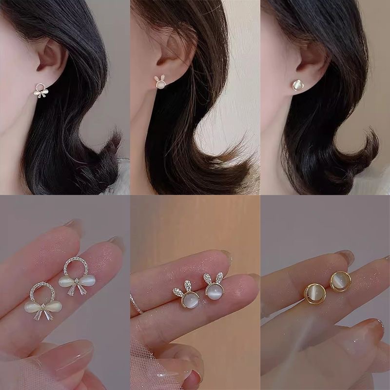 Cat's eye stone cute little rabbit diamond-encrusted 925 stud earrings for women, small, exquisite, versatile and elegant earrings, fashionable earrings Application Scenario