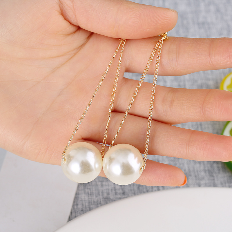 Korean-style stylish large pearl earrings, long metal chain earrings, trendy and unique stud earrings Specification drawing