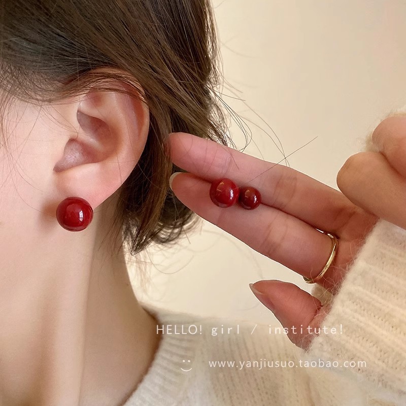 Ankola Red Bean Stud Earrings for women, retro, light luxury, fashionable and versatile earrings. Niche design, high-end and unique earrings details Picture