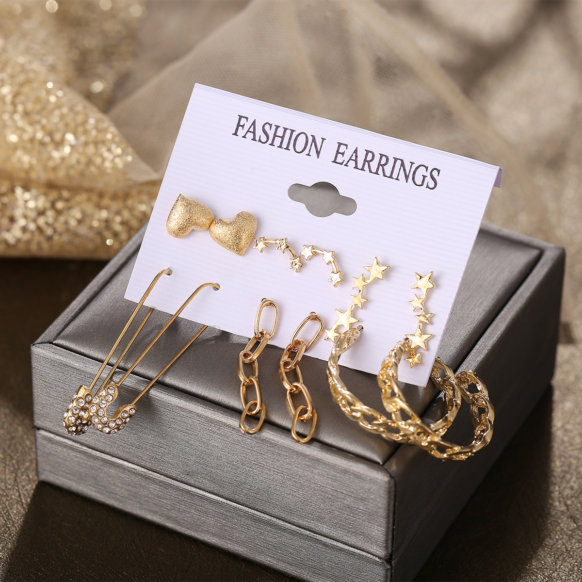 A 6-piece cross-border best-selling creative and personalized metal chain earrings set for women in a minimalist style on Instagram Specification drawing