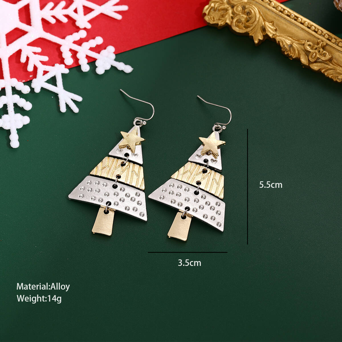 Amazon Cross-border new European and American Christmas pine star earrings with a niche design sense, metal Christmas tree earrings details Picture