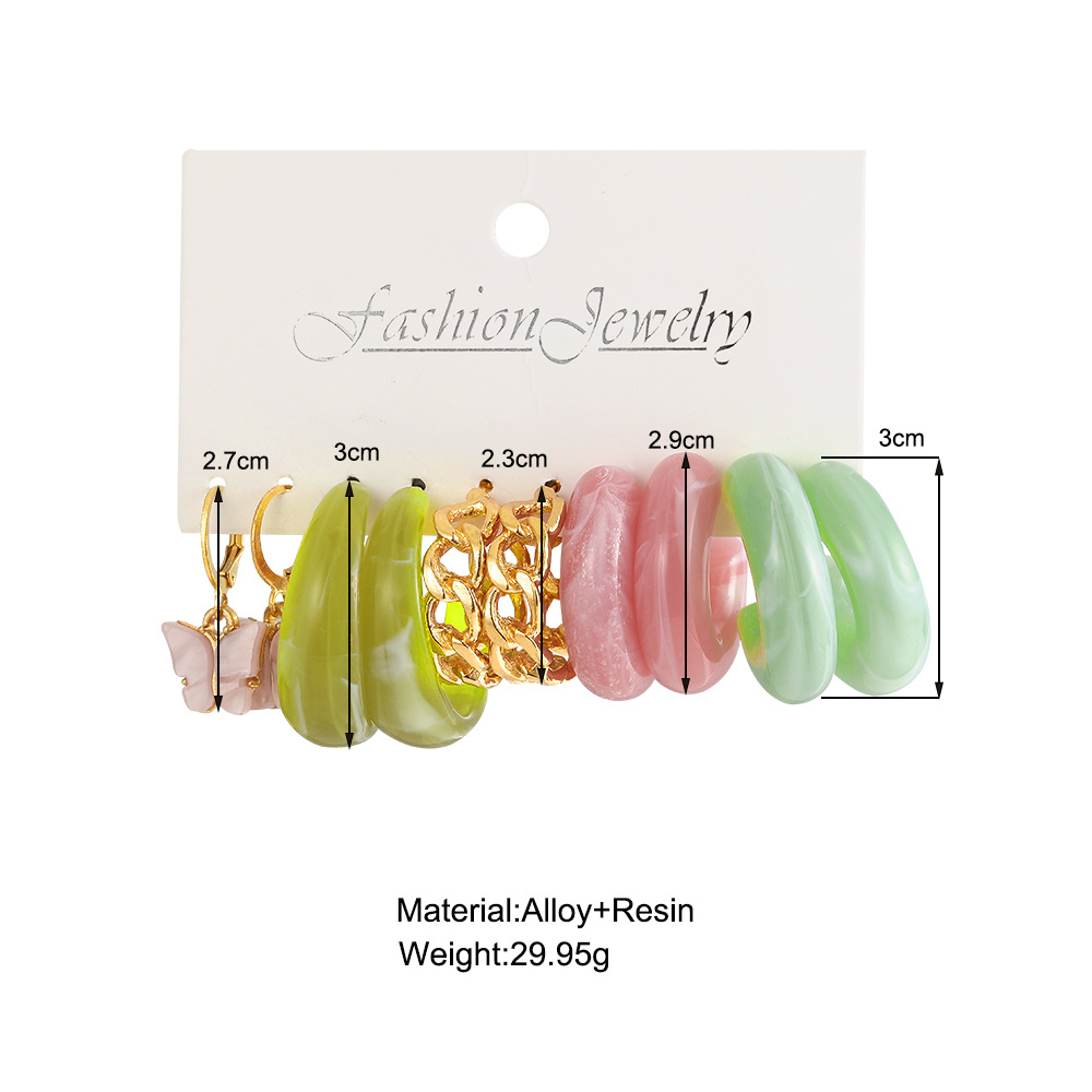 New cross-border acrylic butterfly earrings from Europe and America, creative circle C-shaped resin earrings set of 5 pieces chain earrings details Picture