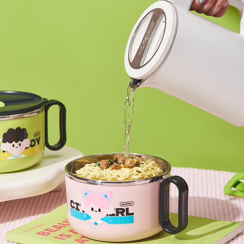 M04-6058 stainless steel instant noodle bowl with lid, dormitory student with handle tableware, cartoon large-capacity dinner bowl details Picture