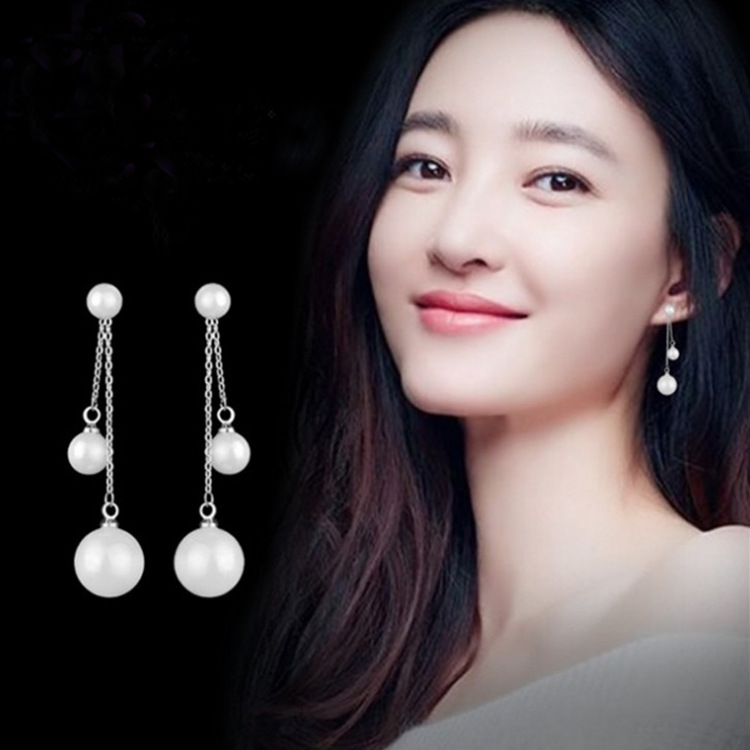 s925 Silver needle simple pearl stud earrings for women, Korean-style fashionable earrings, versatile and trendy long earrings for women full figure