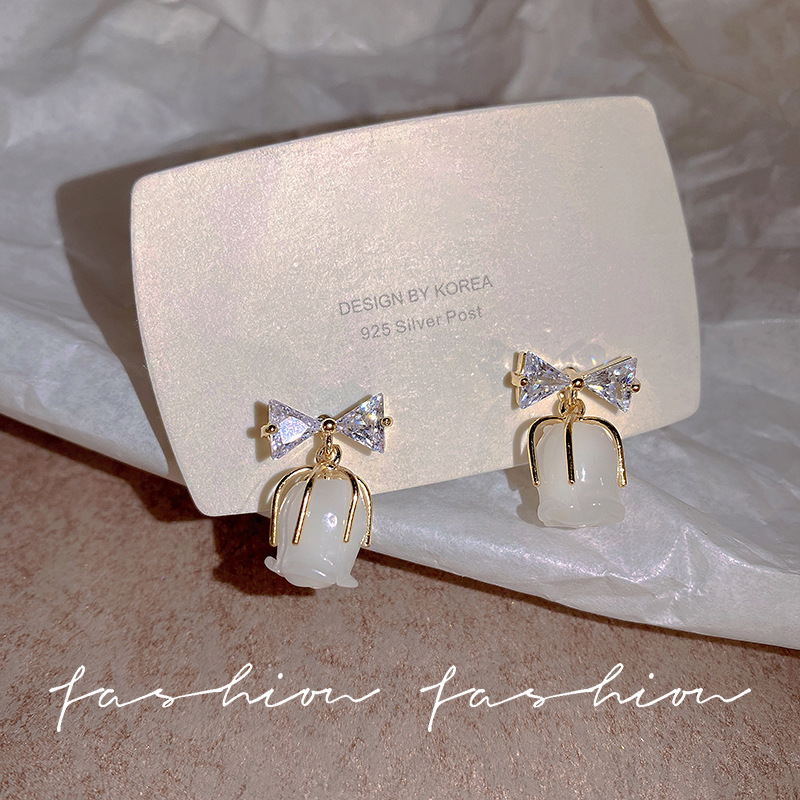 High-end bow zircon flower earrings, feminine, light luxury and simple stud earrings, ins style internet-famous earrings wholesale Specification drawing