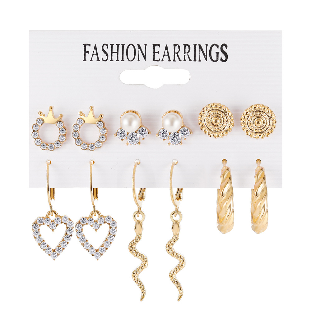 A new cross-border pearl chain earring set of 6 pieces, creative heart-shaped moon and five-pointed star stud earrings, in an ins style for women Item Picture