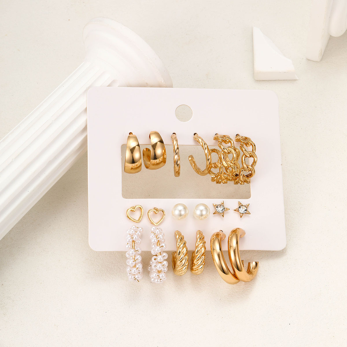 A new cross-border metal twist earring set of 9 pieces, featuring multiple pairs of creative and simple ear rings and geometric earrings Specification drawing