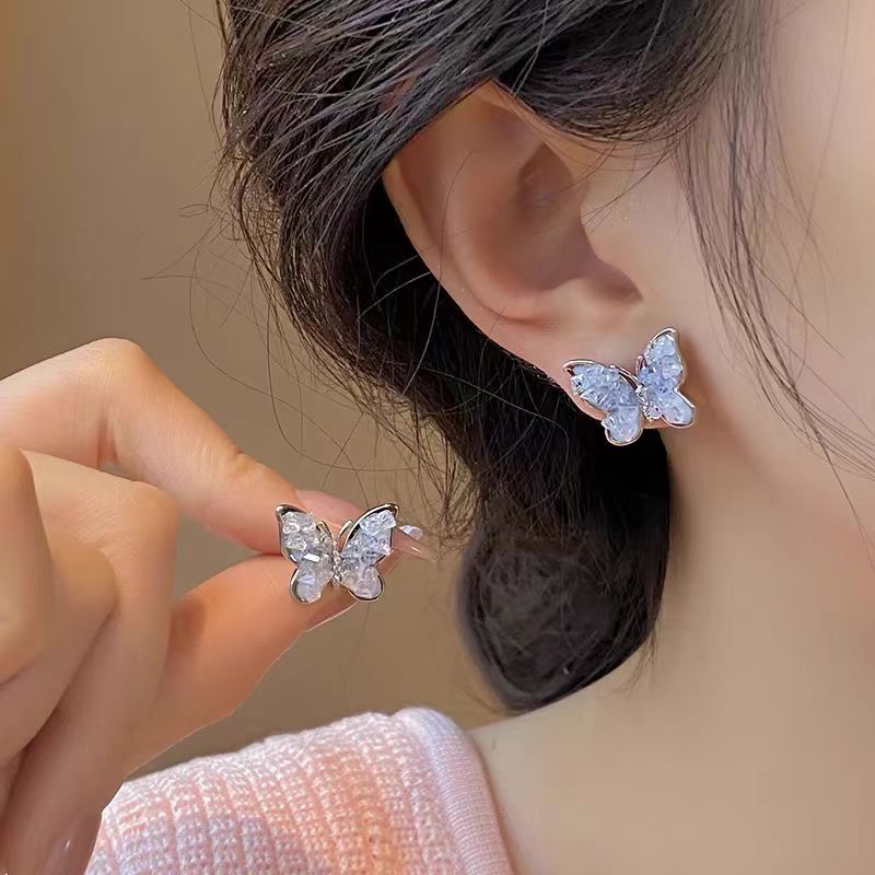 925 Silver Needle Blue Gradient Crystal Butterfly Earrings for women, fresh, sweet and exquisite stud earrings, light luxury and high-end earrings details Picture