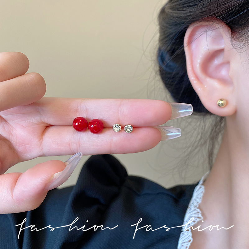 S925 Silver Needle Red Love Bean metal Ear studs Women's ear Piercing Six-piece set Mini Zircon earrings and Earrings wholesale Application Scenario