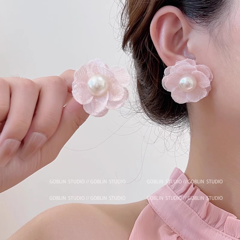 Super ethereal flower earrings, 2025 new bestseller stud earrings, women's high-end mesh fabric niche design earrings and pendants details Picture