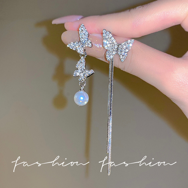 925 Silver Needle Asymmetrical butterfly Earrings, light luxury Zircon, niche design sense, high-end stud earrings, exquisite women's earrings full figure