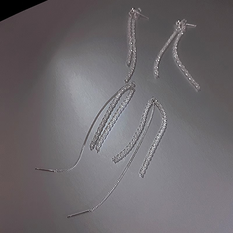 925 Silver Needle Silver fine sparkling tassel earrings, long stud earrings, women's niche design sense, high-end unique light luxury earrings details Picture