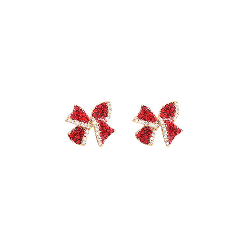 S925 Silver needle red diamond-encrusted personalized bow earrings, a simple and compact earpiece with a cold and aloof style for women, exuding a trendy vibe Item Picture