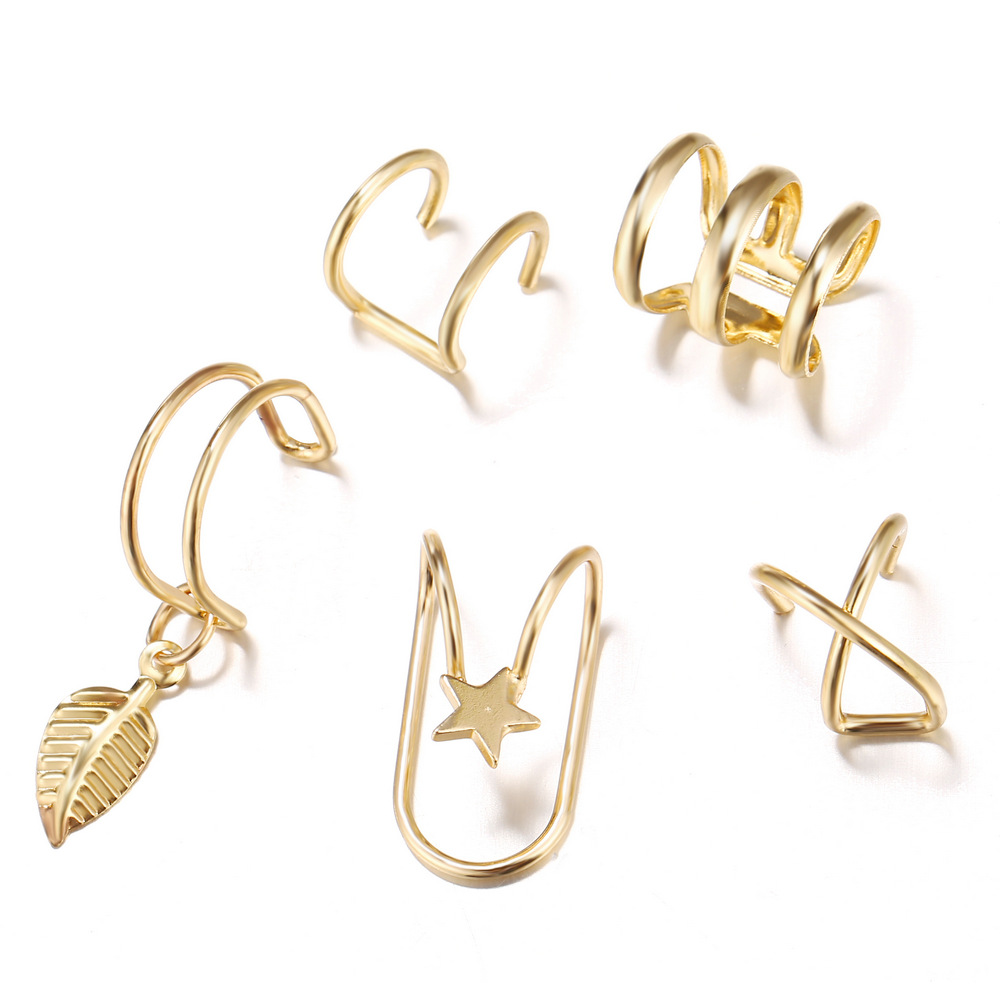 Cross-border European and American ins style 5-piece creative, individual and fashionable cartilage leaf double-layer earless stud and ear clip set Item Picture