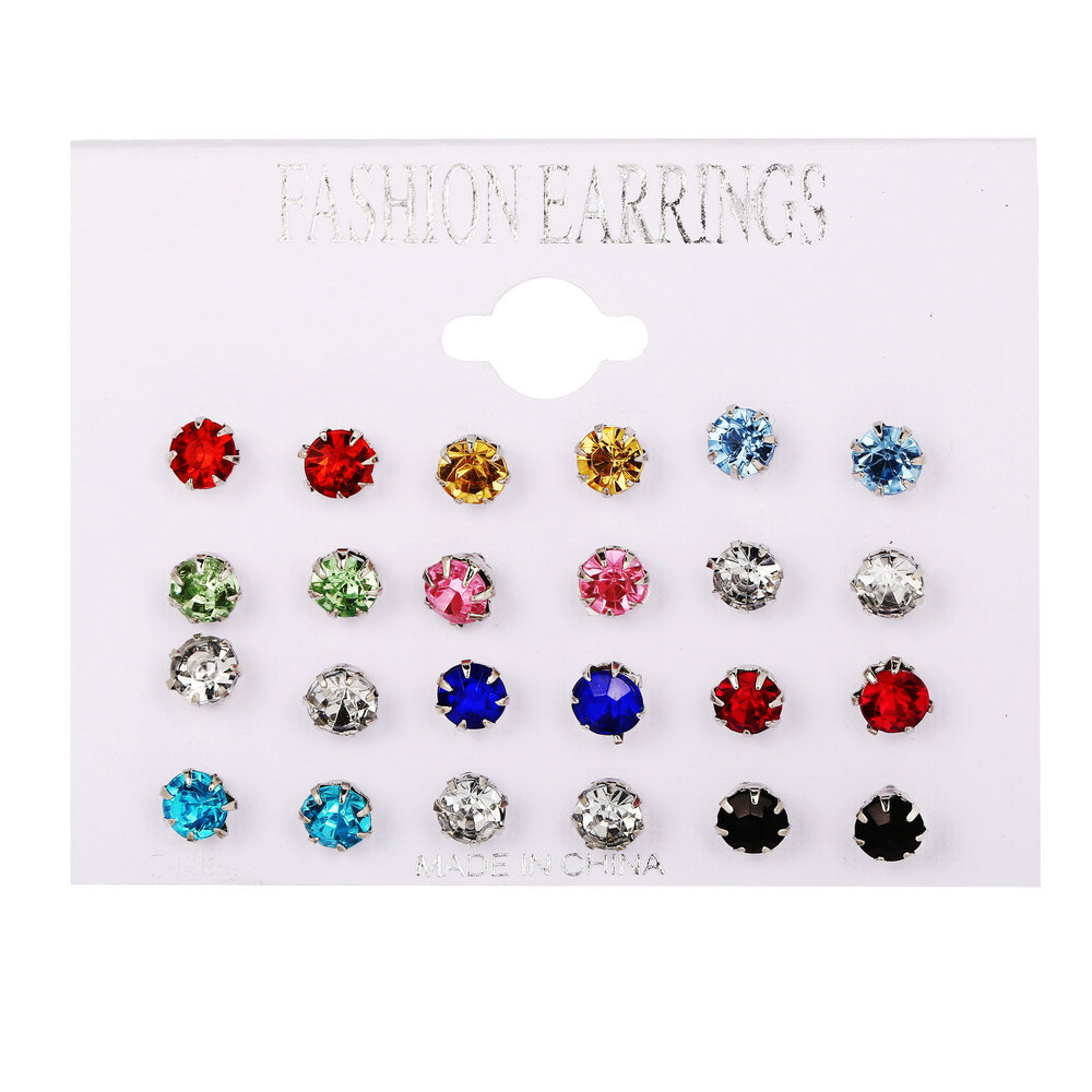 New cross-border color diamond ear stud set from Europe and America, 12 pairs of round small accessories, zircon card ear stud earrings Item Picture