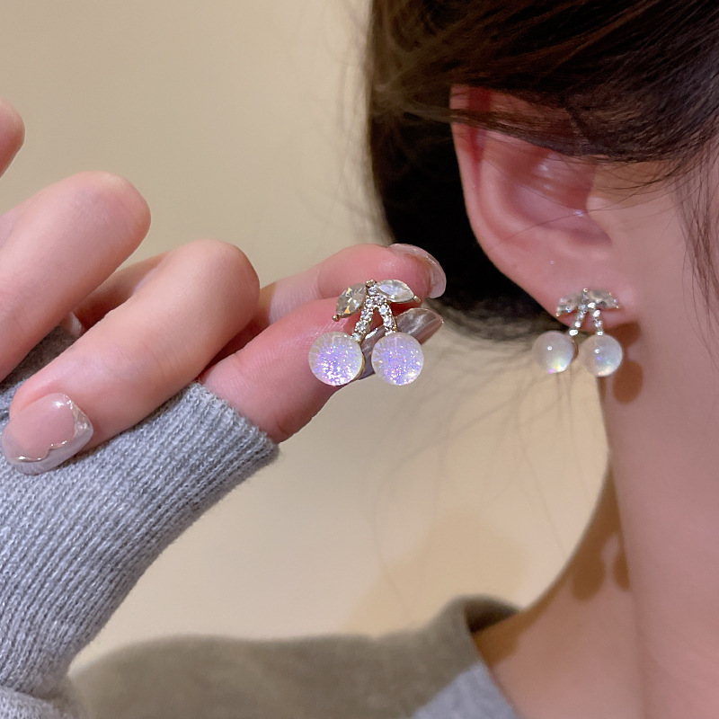 Spring crystal cherry earrings, a niche design for women, with a high-end and simple style. Wholesale of trendy and cute earrings details Picture