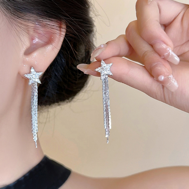 925 Silver Needle Star Tassel Earrings for Women, 2024 New bestseller Stud earrings, niche design sense, high-end and elegant earrings details Picture