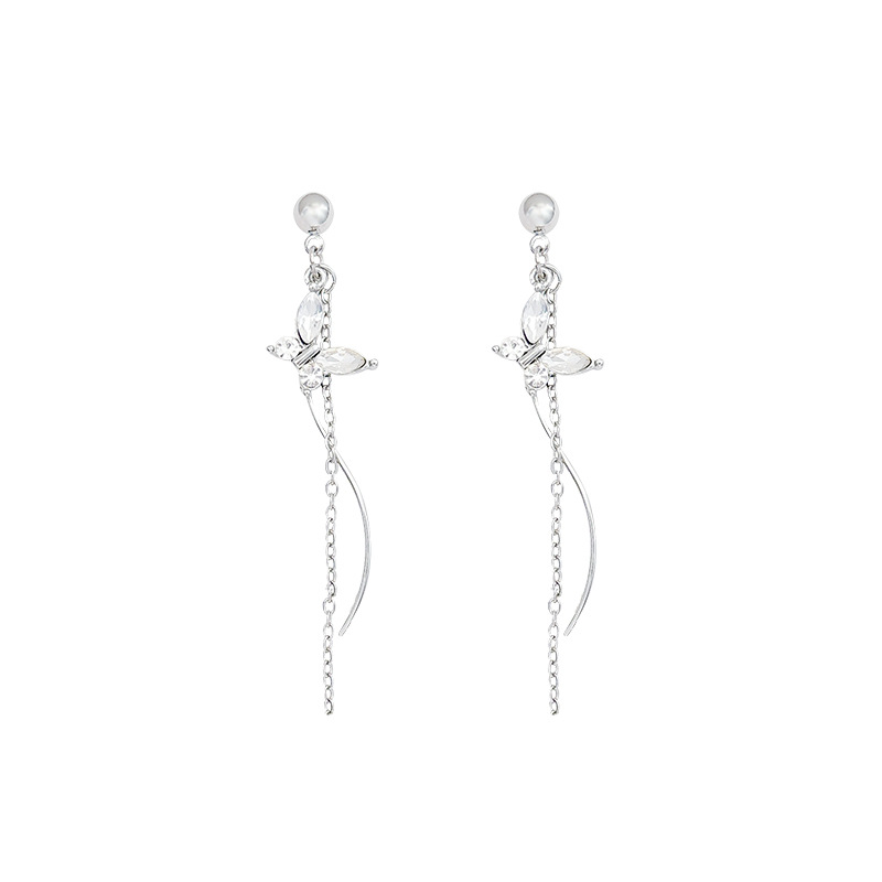 Super ethereal butterfly tassel stud earrings, feminine charm, Korean personality, long and slimming earrings that make the face look slimmer, light luxury and high-end earrings Item Picture