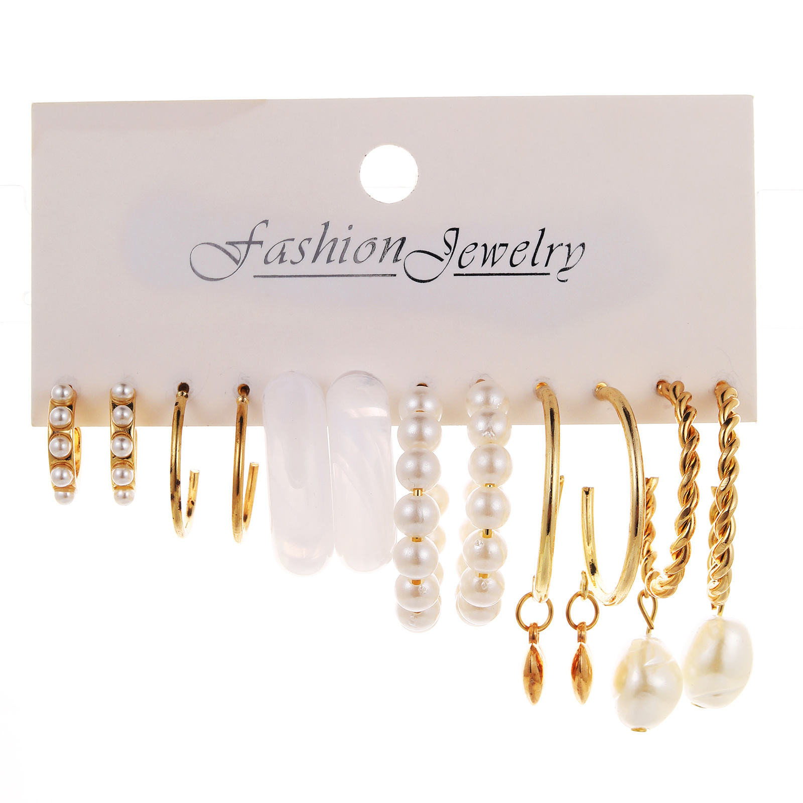 European and American cross-border retro pearl earring personalized C-shaped resin earring set 6-piece Earring set Item Picture