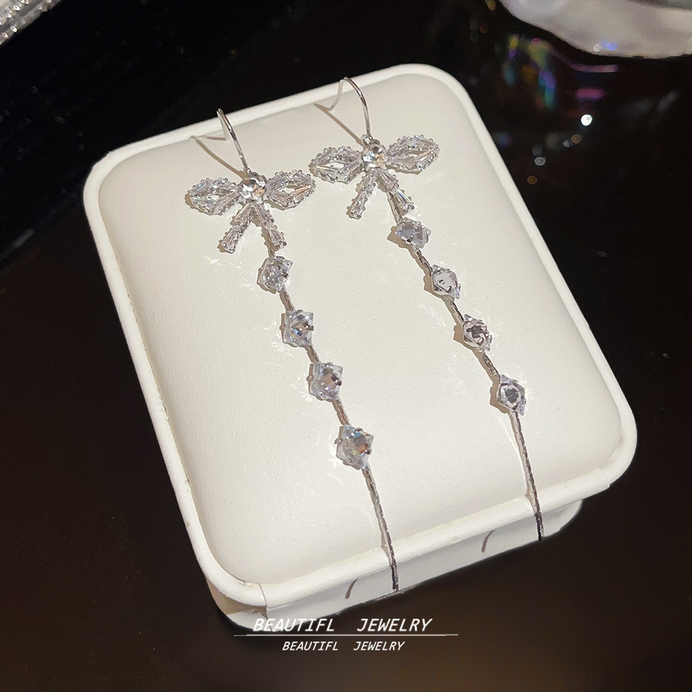 Super fairy bow tassel zircon earrings for women 2025 New bestseller Stud earrings, niche high-end ear hook earrings Specification drawing