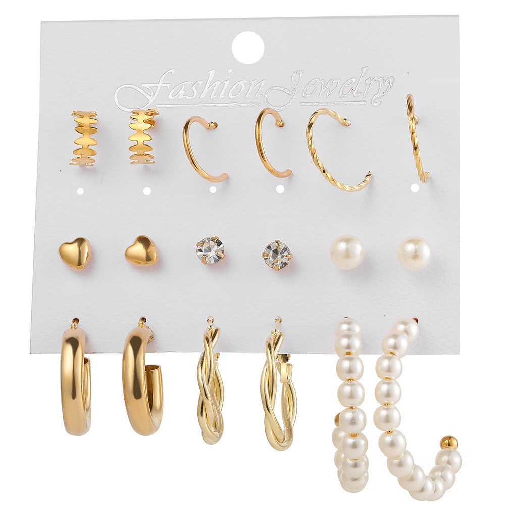 European and American cross-border jewelry imitation pearl zircon earrings heart-shaped set creative retro simple and elegant ear ring wholesale Item Picture