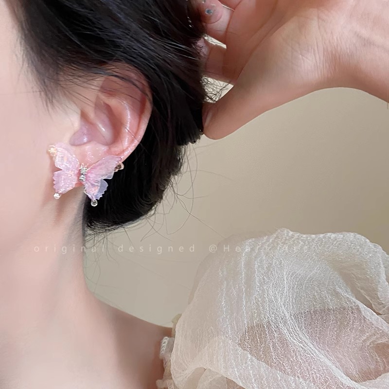 2025 New color butterfly silver needle stud earrings for women's spring, light luxury and high-end blue earrings, niche design earrings Specification drawing