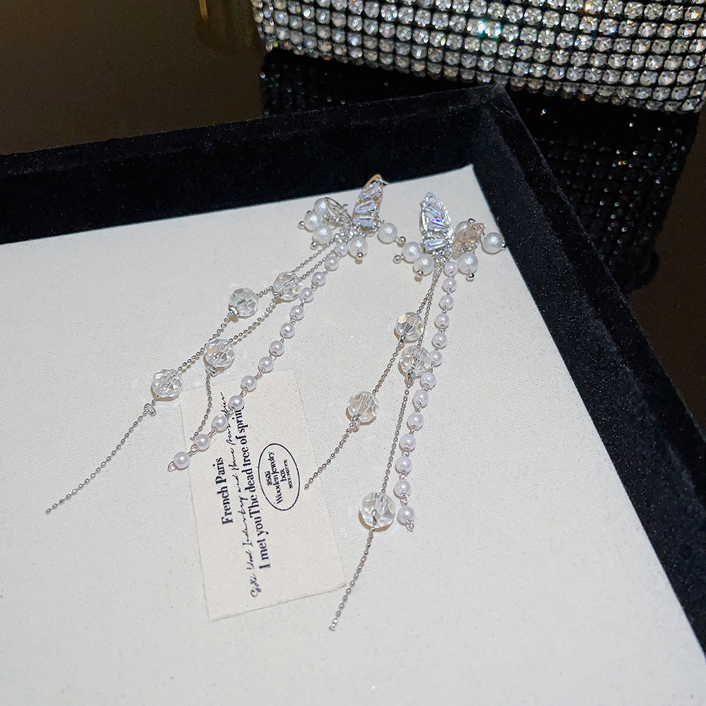 925 Silver Needle Exaggerated Butterfly Earrings, a light luxury, high-end and fashionable style, Super Flash Zircon pearl earrings for women details Picture