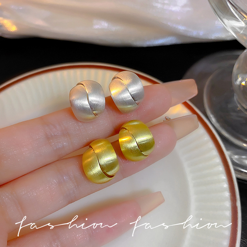 S925 Silver needle niche design brushed metal interlaced high-end earrings, ins cold style French stud short style full figure