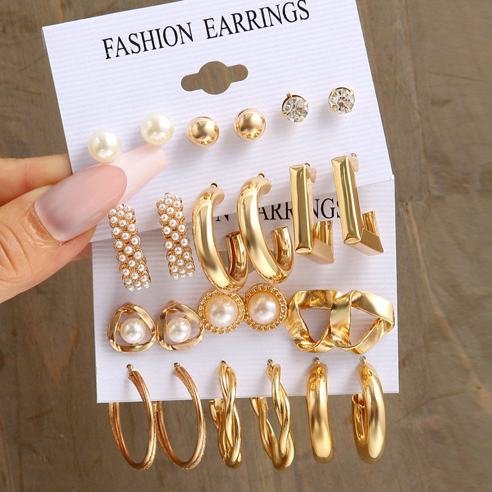 New cross-border personalized golden geometric metal earrings, retro imitation pearl dot rhinestone earrings set of 6 pieces full figure