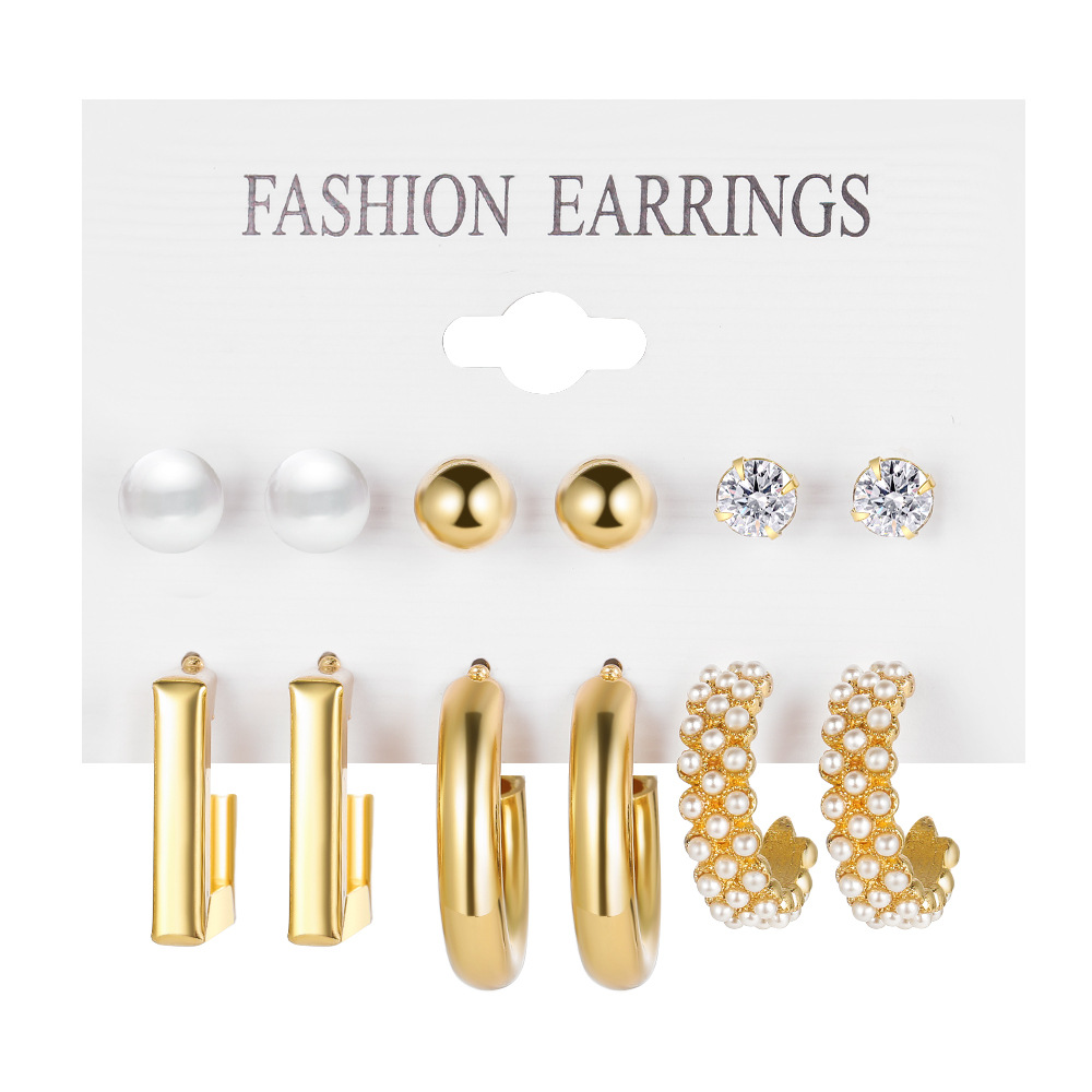 New cross-border personalized golden geometric metal earrings, retro imitation pearl dot rhinestone earrings set of 6 pieces Item Picture