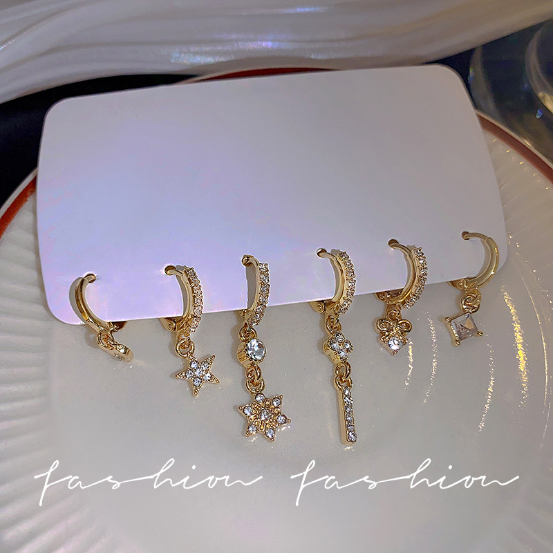 Wholesale of 925 Silver Needle Star Moon Diamond-encrusted Light Luxury set ear buckles for women with a high-end feel, trendy and personalized tassel earrings full figure