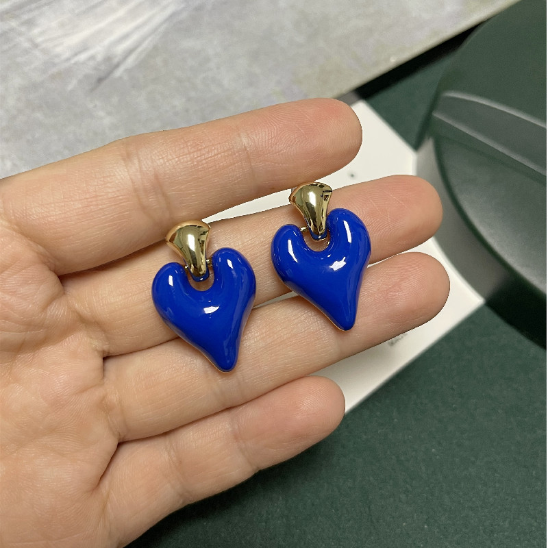 S925 Silver Needle Blue glossy Oil Drop Earrings, fashionable Hong Kong-style enamel stud earrings, silver needle heart-shaped retro earrings full figure