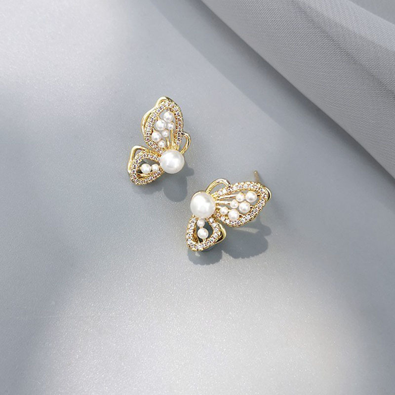 S925 Silver Needle French pearl Stud women's Niche light Luxury retro earrings Butterfly Diamond Stud women's earrings wholesale details Picture