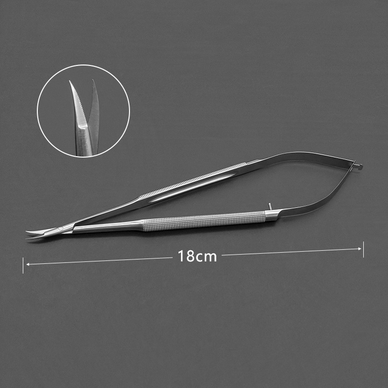 The uphill type micro-scissors are used for forward cutting of coronary arteries, gun-shaped micro-scissors, and stainless steel crescent-shaped scissors Specification drawing